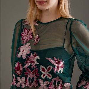 Anthropologie Teal Blouse with Pink Floral Embroidery